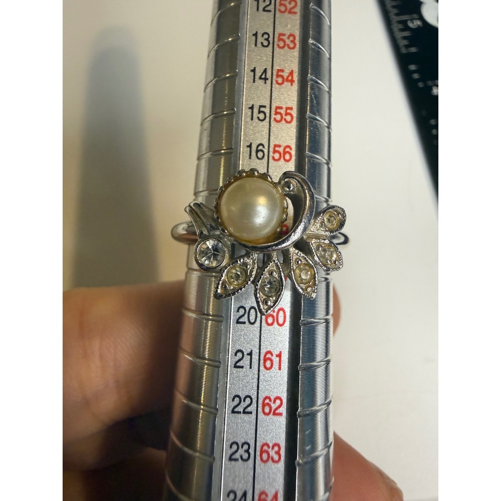 Avon Faux Pearl Rhinestone Silver Tone Adjustable Cocktail Ring Size 8.5